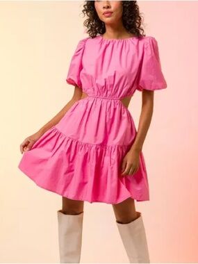 Pink Puff Sleeve Cutout Dress